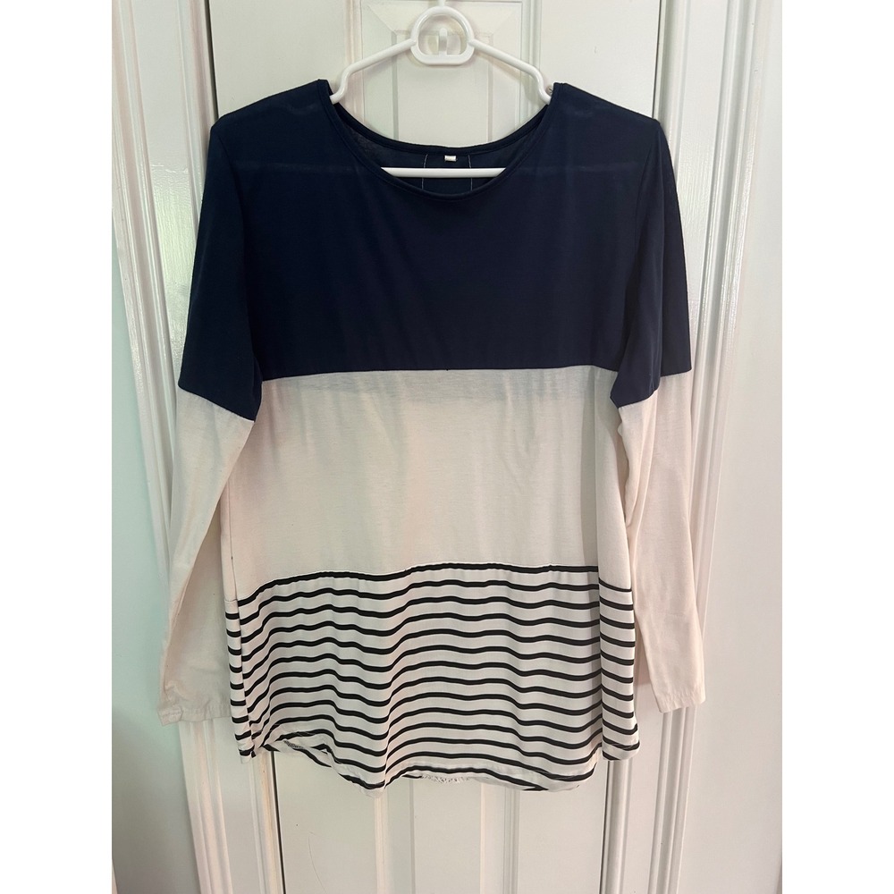 Navy White Colorblock Striped Long Sleeve Lace Back Top Women Size L